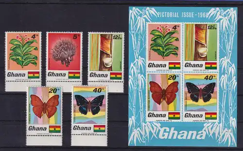 Ghana 1968 Schmetterlinge Mi.-Nr. 342-46A und Block 31 ** / MNH