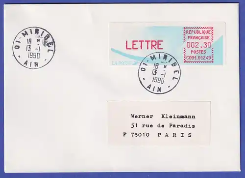 Frankreich-ATM Komet C001.01249 LETTRE 2,30 auf Brief O Miribel 13.1.1990