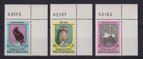 Afghanistan 1968 Vögel Mi.-Nr. 1021-1023 Eckrandstücke OR postfrisch **