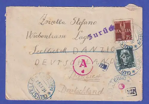 Italien Dezember 1944 Interess. Zensur-Retour-Brief von Quistello nach Danzig