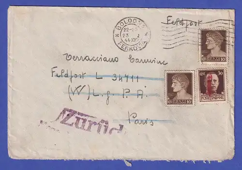 Italien Dezember 1944 Interess. Zensur-Retour-Brief von Bologna nach Paris