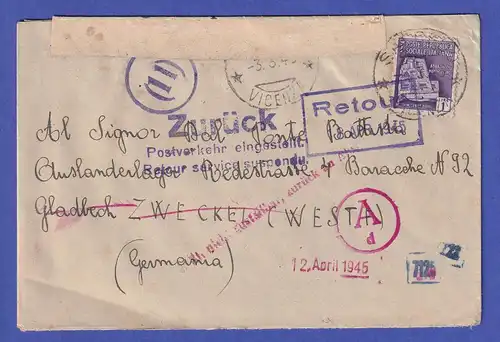 Italien Dez.1944 Interess. Zensur-Retour-Brief von Vincenza n. Gladbeck-Zweckel