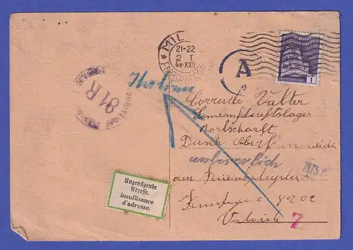 Italien Jan.1945 Interess. Zensur-Retour-Postkarte von Milano nach Deutschland