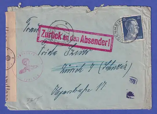 Dt. Reich Jan.1945 Interess. Zensur-Retour-Brief von Budenheim nach Zürich
