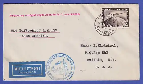 Dt. Reich Zeppelin 1.Amerikafahrt 1929 Brief n. Buffalo verzögert wg. Abbruch