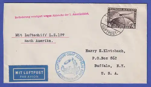 Dt. Reich Zeppelin 1.Amerikafahrt 1929 4RM auf Brief in die USA verz.wg. Abbruch