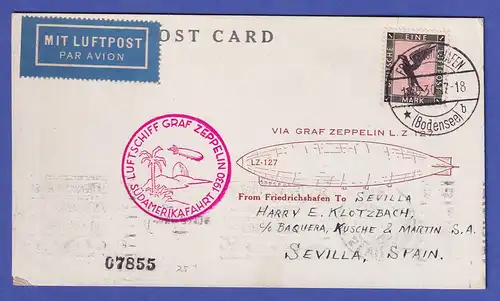 Dt. Reich Zeppelin Südamerikafahrt 1930 Karte bis Sevilla EF 1 Mark Mi.-Nr. 382 
