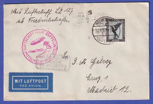 Dt. Reich Zeppelin Mittelmeerfahrt 1929 Brief n. Madrid EF 2 Mark Mi.-Nr. 383