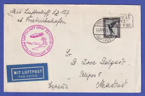 Dt. Reich Zeppelin Mittelmeerfahrt 1929 Brief bis Sevilla EF 2 Mark Mi.-Nr. 383