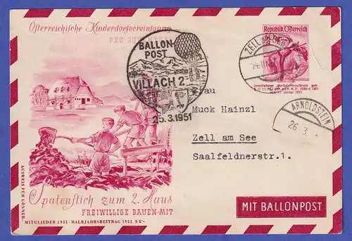 Österreich 1952 Ballonpost-Karte VILLACH 25.3.51 gel. nach Zell am See
