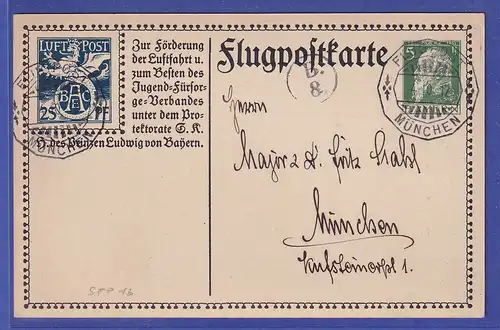 Bayern Flugpostkarte Ganzsache SFP1/02 1912 gel. nach München, Briefträger-O