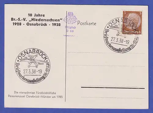 Dt.Reich 3Pfg Hindenburg auf Postkarte mit Sonder-O OSNABRÜCK Briefm.-Ausst.1938