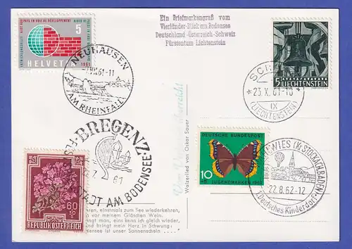 Sonderkarte Bodensee Vierländer-Blick mit Briefmarken CH - FL - A - D   1961