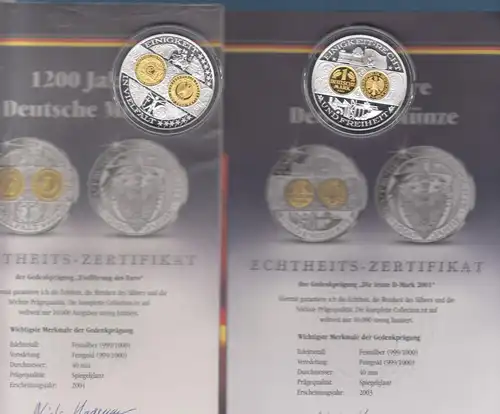 2 Silber-Medaillen mit Teilvergoldung Abschied DM / Einführung Euro je 20g Ag999
