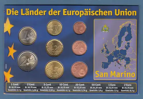 San Marino, kpl. Euro-Kursmünzensatz 1Cent - 2€uro 8 Nominale versch. Jahrgänge