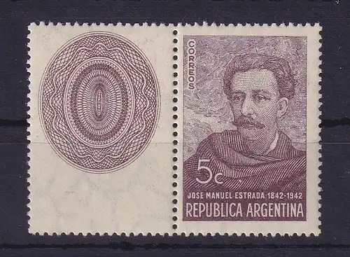 Argentinien 1942 José M. Estrada Mi.-Nr. 467 mit Zierfeld postfrisch ** / MNH 