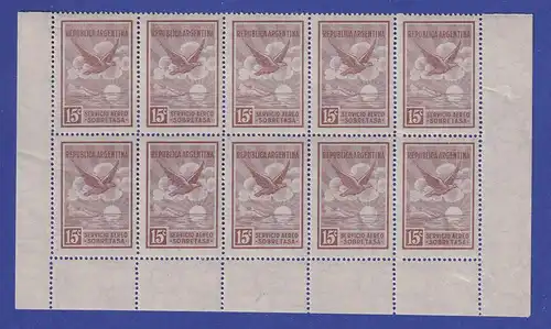 Argentinien 1928 Flugpost 15c Mi.-Nr.315 Unterrand/Eckrand 10er-Block  ** / MNH 