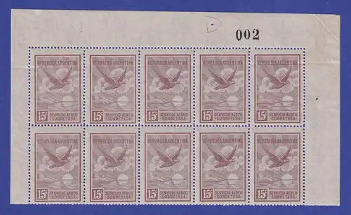 Argentinien 1928 Flugpost 15c Mi.-Nr.315 Oberrand/Eckrand 10er-Block  ** / MNH 