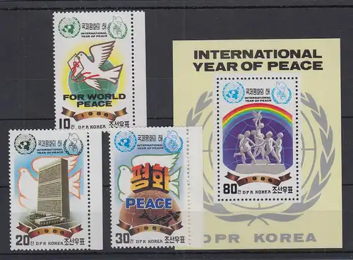 Korea Nord 1986 Internationales Jahr des Friedens, Mi.-Nr. 2747-49, Block 215 **