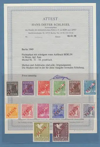 Berlin 1949 Rotaufdruck 14 Werte Mi.-Nr. 21-34 kpl. postfr. ** Attest Schlegel 