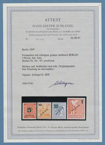 Berlin Grünaufdruck-Werte Mi-Nr. 64-67 ** geprüft mit Fotoattest Schlegel