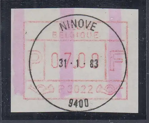 Belgien FRAMA-ATM P3022 Ninove mit ENDSTREIFEN-Anfang mit ET-Voll-O Wert 07,00