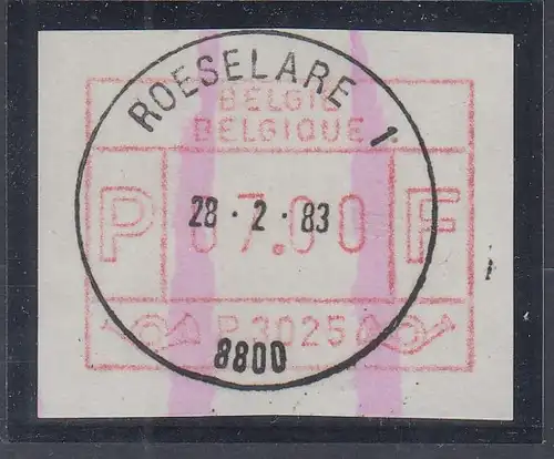 Belgien FRAMA-ATM P3025 Roeselare mit ET-O 28.2.83 mit ENDSTREIFEN Wert 07,00