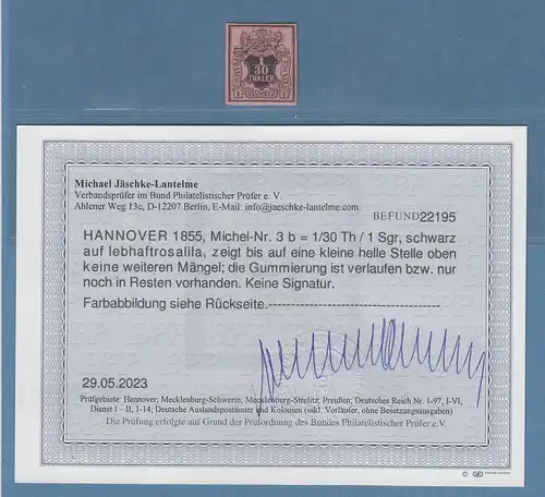 Altdeutschland Hannover 1/30 Th. 1Sgr. Mi.-Nr. 3b  ungebraucht * Befund BPP