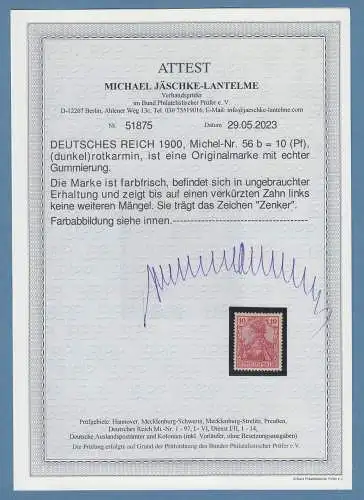 Dt. Reich Germania REICHSPOST 10Pfg. Mi-Nr. 56b ungebraucht, Attest Jäschke BPP