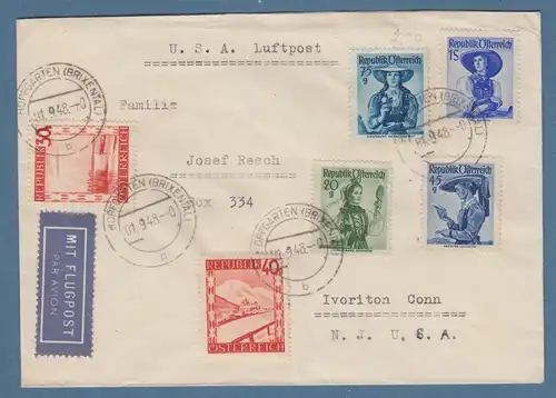 Österreich 1948 Luftpost-Brief mit u.a Mi.-Nr. 903, 907 O HOPFGARTEN in die USA