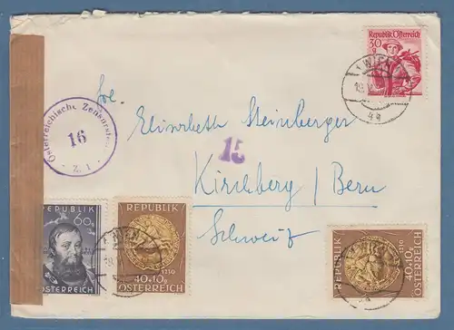 Österreich 1950 zensierter R-Brief mit u.a Mi.-Nr. 937 (2) ect. O WIEN nach CH