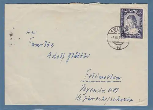 Österreich 1950 Brief mit EF Mi.-Nr. 976 gel. ab WIEN nach Zürich 