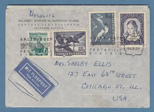 Österreich 1953 A-Luftpostbrief nach Chicago mit Sonder-O Salzburger Festspiele