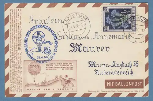 Österreich 1956 Ballonpost-Karte mit EF Enzian, Mi.-Nr. 876, O Laa a.d. Thaya