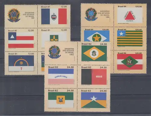 Brasil 1981, 1982, 1985 Flaggen der Bundesstaaten 3 Zusammendrucke postfrisch **