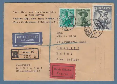 Österreich 1954 10S Trachten-Höchstwert in MIF auf Lp-R-Expr.-Bf. nach Cardiff !