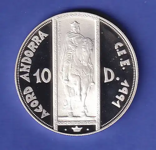 Andorra Silbermünze 10 Diners Ramon Berengar III. zu Pferde - Zollunion 1995 PP