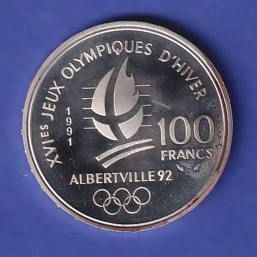 Frankreich Silbermünze 100 Francs Olympiade Albertville Eishockey 1991 PP