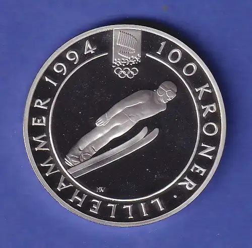 Norwegen Silbermünze 100 Kronen Olympiade Lillehammer Skispringen 1992 PP