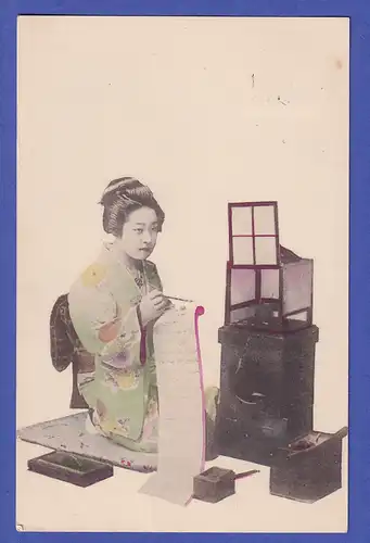Japan 1904 old postcard Writing woman mailed from TOKIO to Germany 