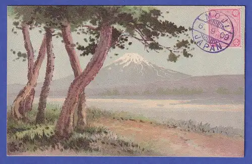 Japan 1909 old postcard Mount Fuji mailed from MOJI to Germany 