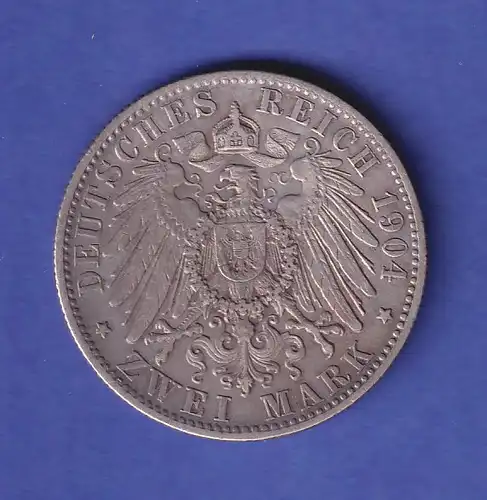 Dt. Kaiserreich Württemberg Silbermünze 2 Mark König Wilhelm II. 1904 F vz