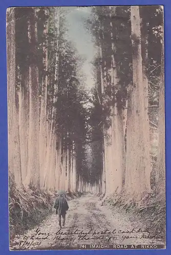 Japan 1904 old postcard Wanderer in the wood mailed from KIOTO to Germany
