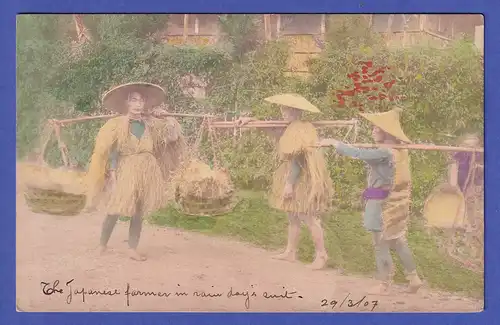 Japan 1907 old colored postcard Japanese farmers mailed from MOJI to Germany
