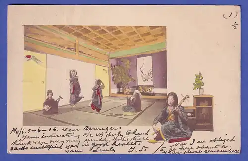 Japan 1906 old postcard Women playing shamisen mailed from MOJI to Germany