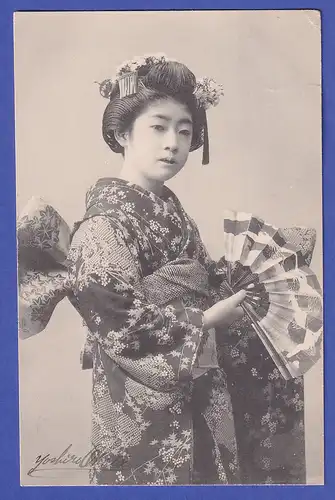 Japan 1906 old postcard Japanese Lady with fan mailed to Germany