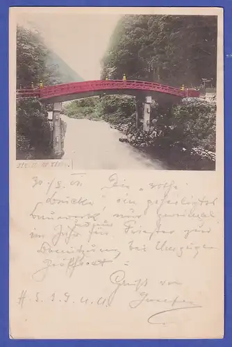 Japan 1901 old colored postcard Bridge near Nikkō mailed to Austria