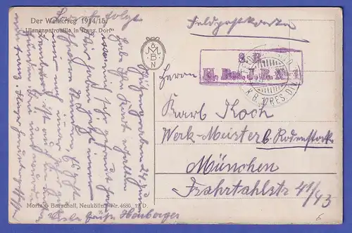 Deutsches Reich 1915 Feldpostkarte "Ulanenpatrouille in französischem Dorf"