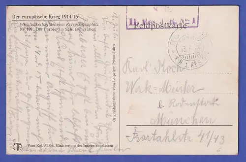 Deutsches Reich 1915 Feldpostkarte "Barbier im Schützengraben"