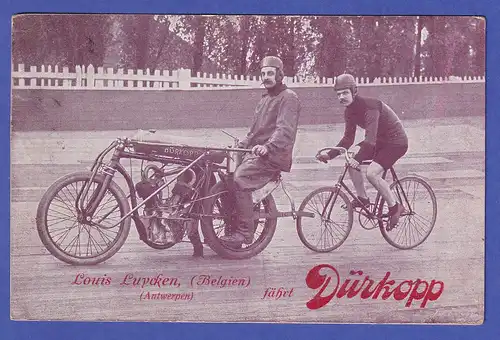 Dt. Reich 1910 Werbepostkarte Firma Dürkopp Motorrad Radrennfahrer Louis Luycken